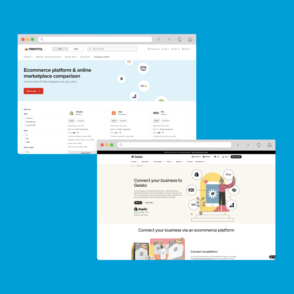 A screenshot mockup of Printful’s and Gelato’s integration pages on a blue background.