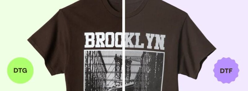 Brown t-shirt split in half comparing DTG and DTF printing of a Brooklyn skyline graphic.