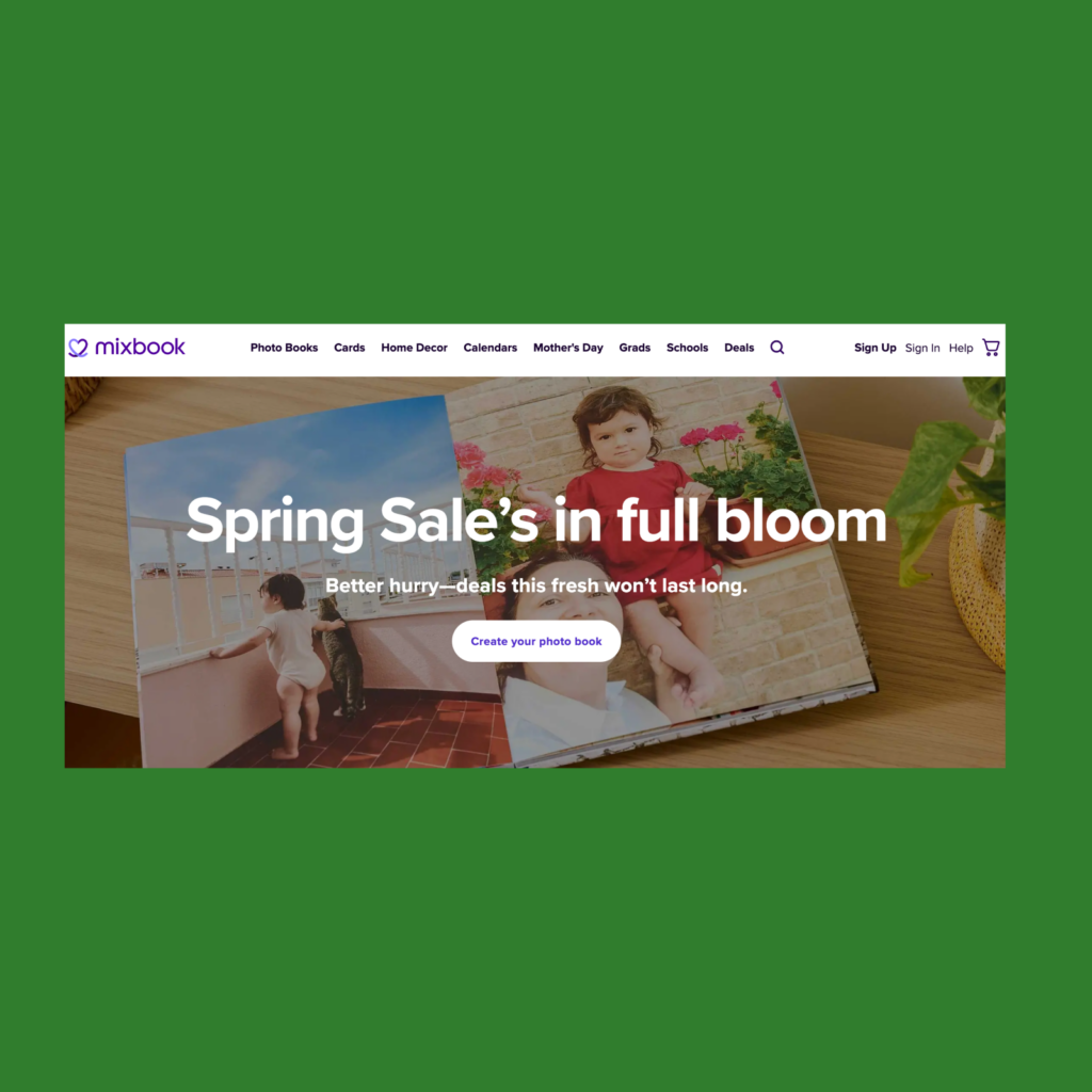 The screenshot of the Mixbook landing page.