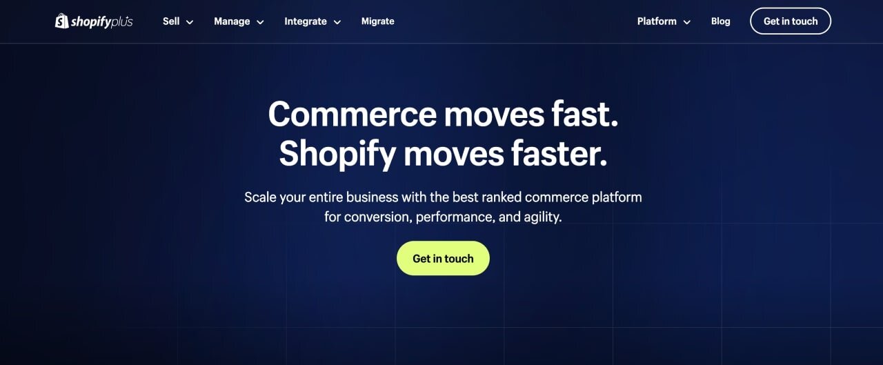 Hero section screenshot of the Shopify Plus plan landing page.