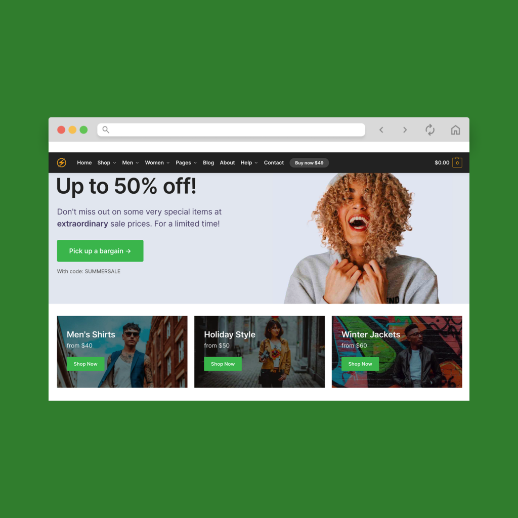 A screenshot mockup of the best WooCommerce theme example (paid): Shoptimizer