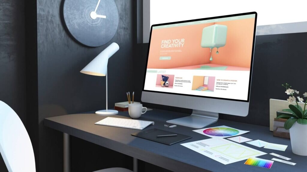 A desktop computer with a website on the screen.