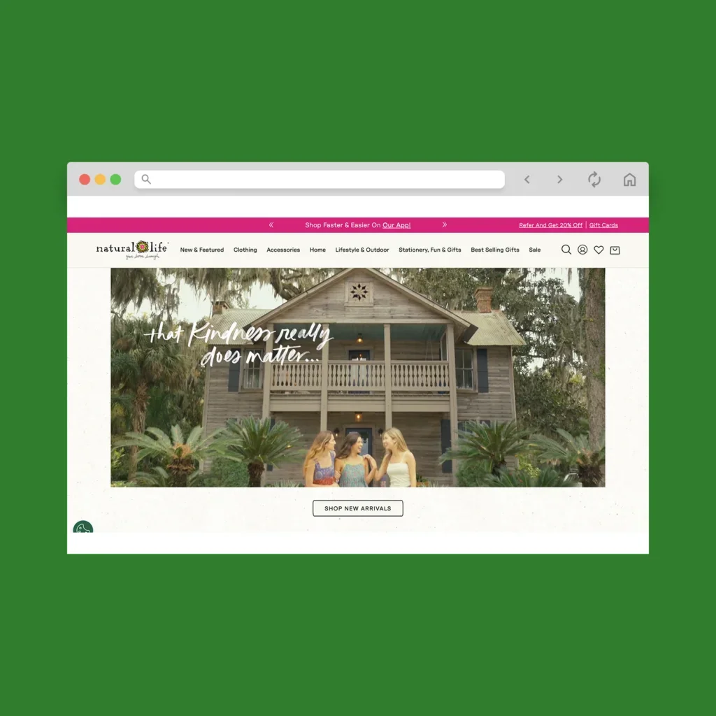 Natural Life homepage hero section screenshot mockup as a Shopify clothing store example.