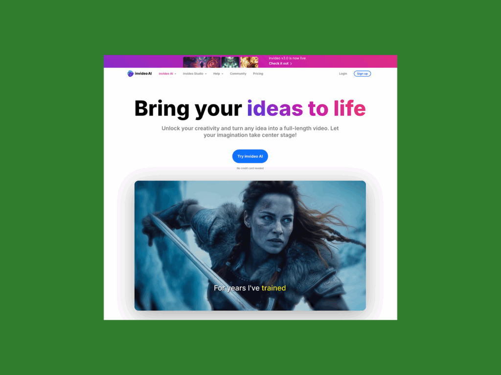 InVideo’s homepage hero section screenshot mockup as an example of a top saas company.