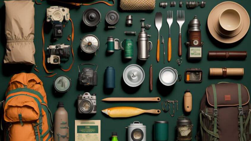 A set of camping gear that includes backpacks, tent, camping lamp, and various other small items.