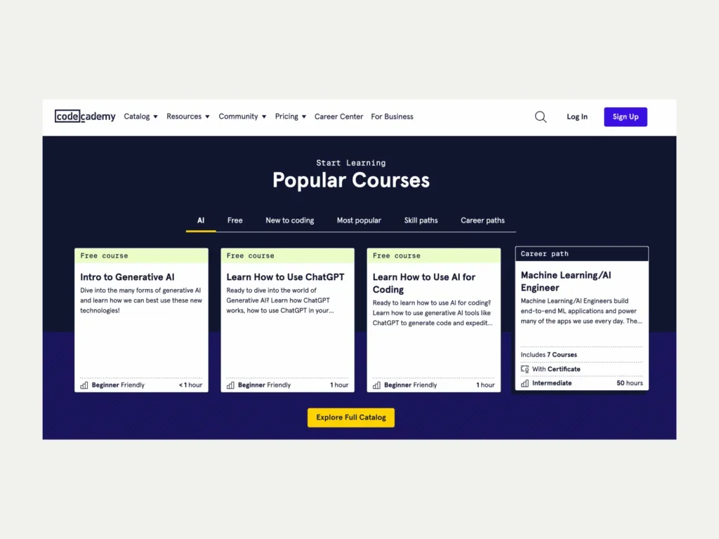 A screenshot of the Codeacademy landing page.
