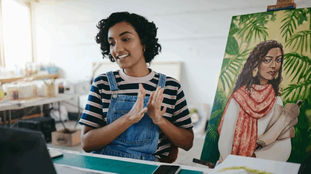 A woman sits at a desk, focused on her work, with a colorful painting behind her.