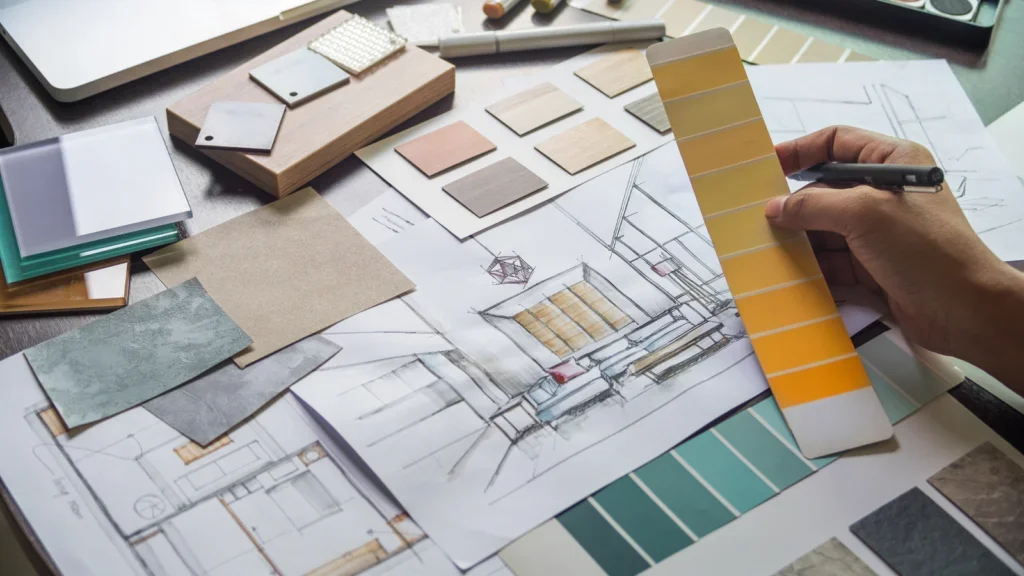 A designer sketches on paper, surrounded by a vibrant color palette, showcasing creativity and artistic process.