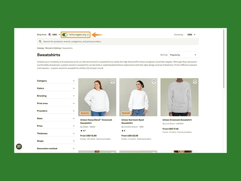 Online catalog interface showing unisex sweatshirts. Options include "Heavy Blend" and "Garment-Dyed." Users can filter TikTok eligible items.