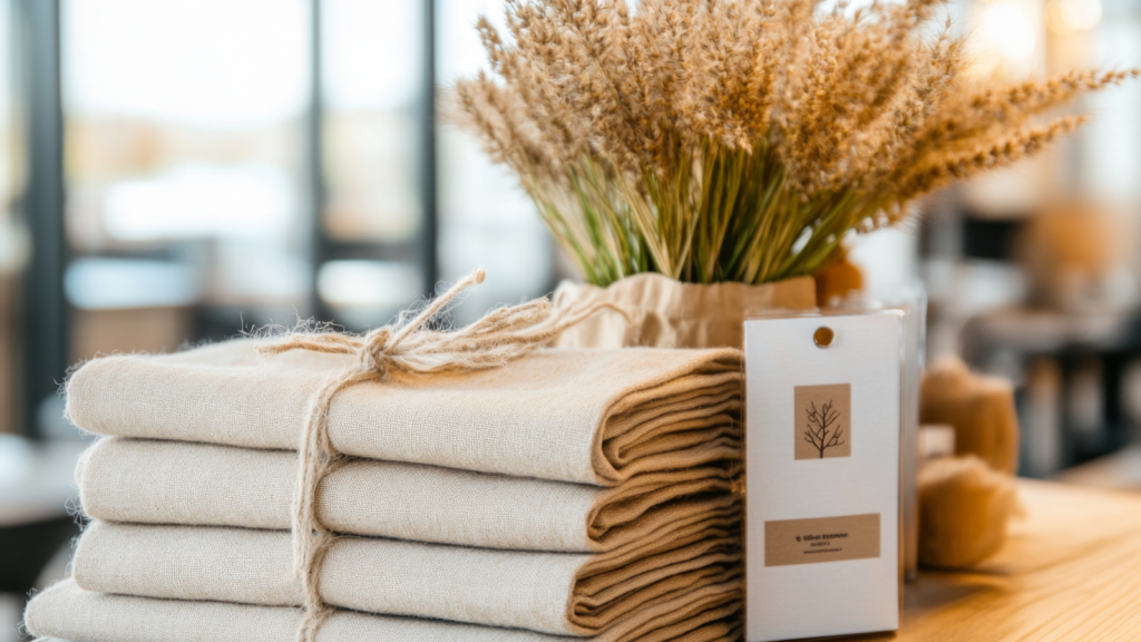 A stack of soft linen towels folded neatly on a table surface.