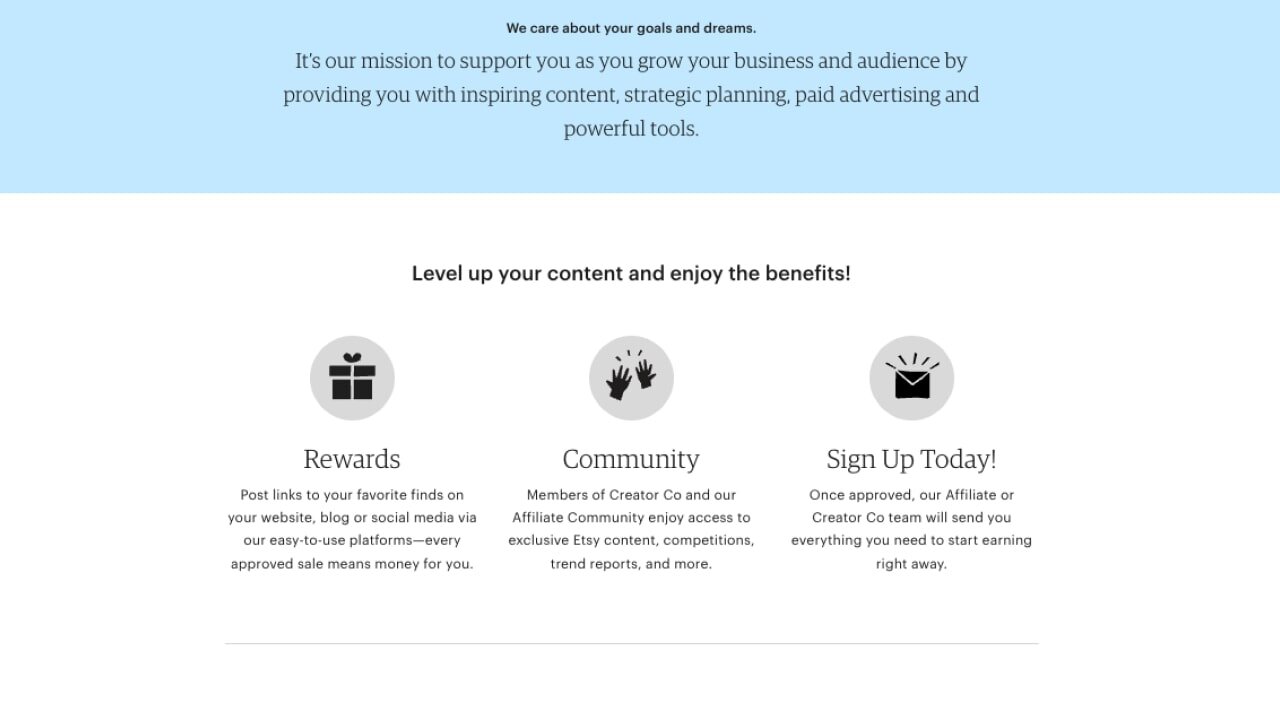 The Etsy Affiliate Program's benefits – rewards, guidance, and community.