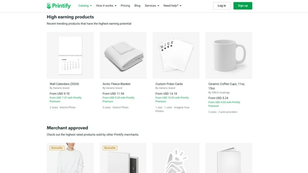 High-earning and merchant-approved product examples in Printify's Catalog – calendars, blankets, mugs, poker cards, canvas, and more.