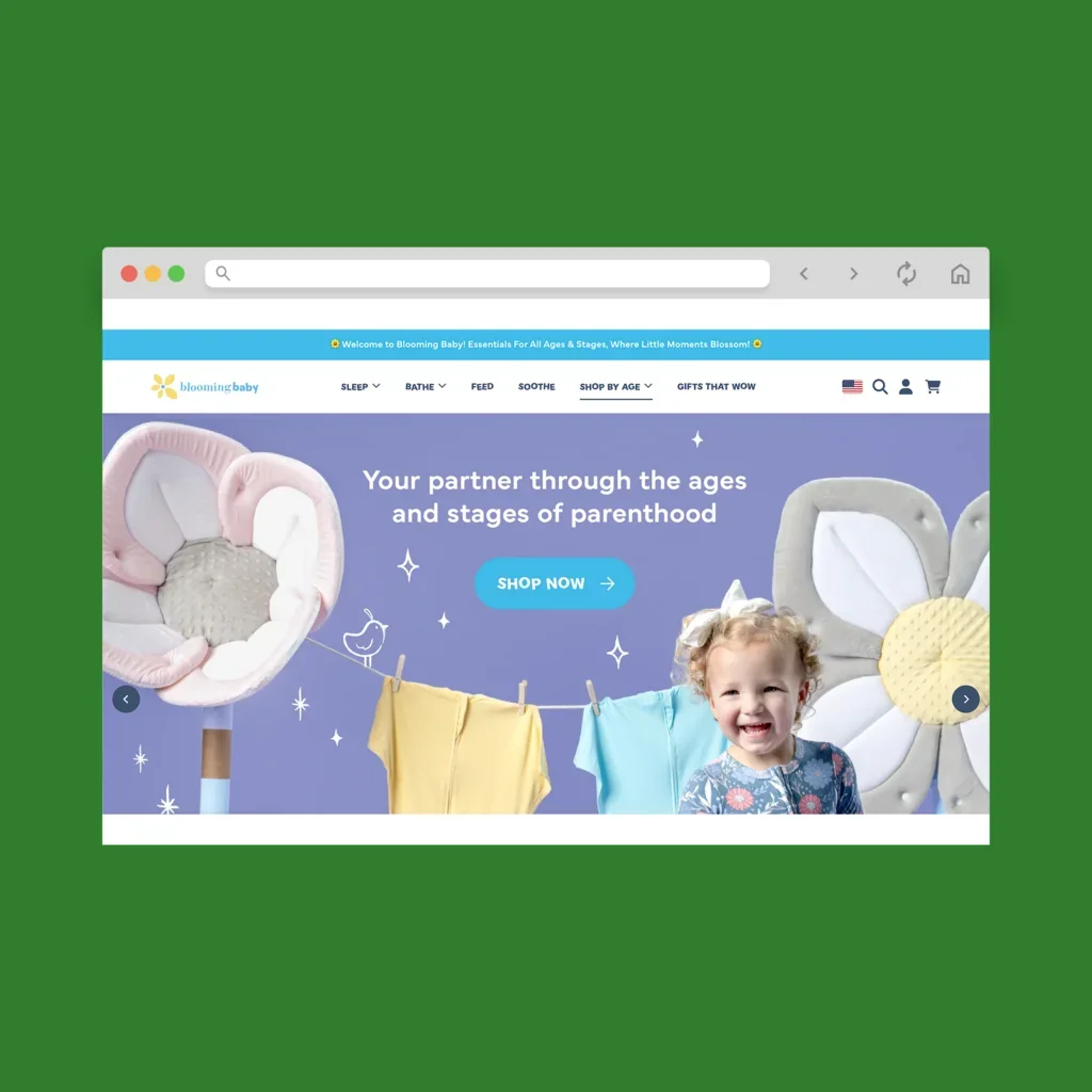 Blooming Baby homepage hero section screenshot mockup as a Shopify clothing store example.