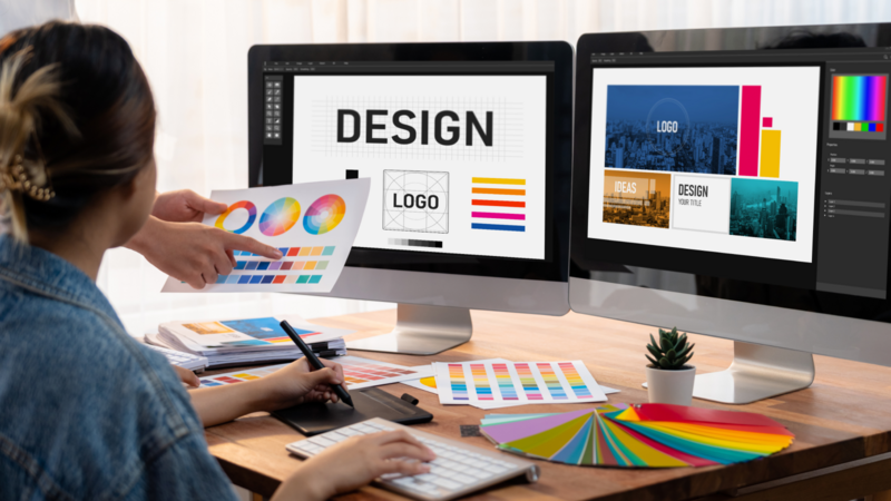 A designer works on logo and typography layouts across two monitors.