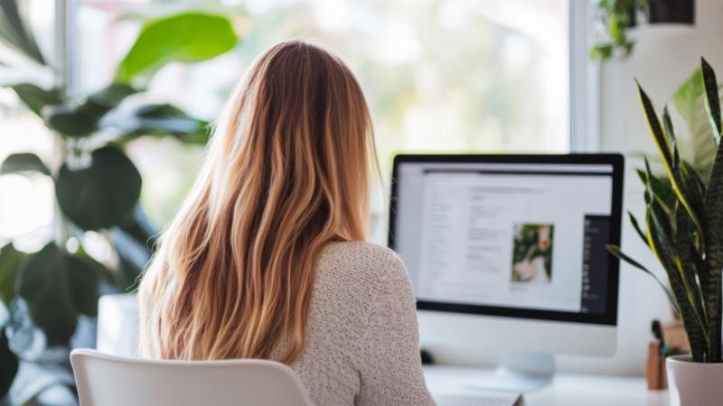A graphic designer at her desk, working on a computer, with a vibrant plant adding a touch of nature to her workspace.