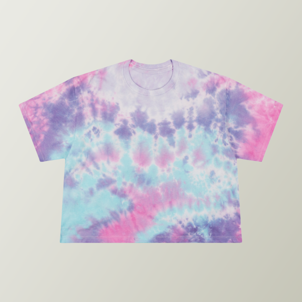 Blue, pink, purple, and gray tie-dye t-shirt.