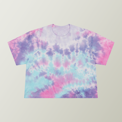 Blue, pink, purple, and gray tie-dye t-shirt.