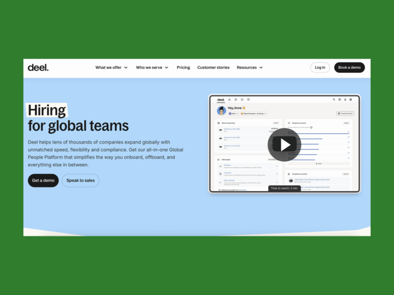 Deel’s homepage hero section screenshot mockup as an example of a top saas company.