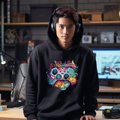 A guy wearing a hoodie with an artistic design of a gaming controler.