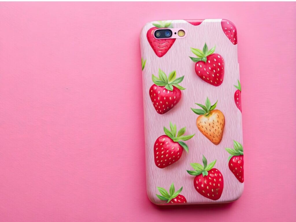 A phone with a strawberry-patterned phone case.