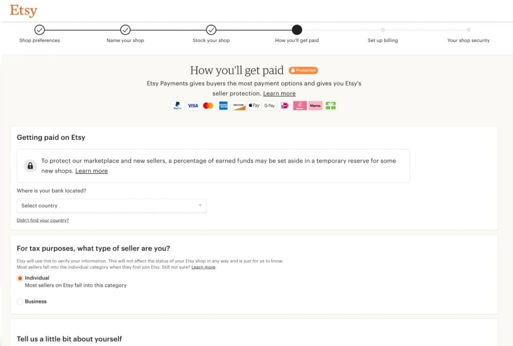 A screenshot of the Etsy payment page, advertising Etsy Payments, asking to select whether you're an individual or business seller and add your billing information.
