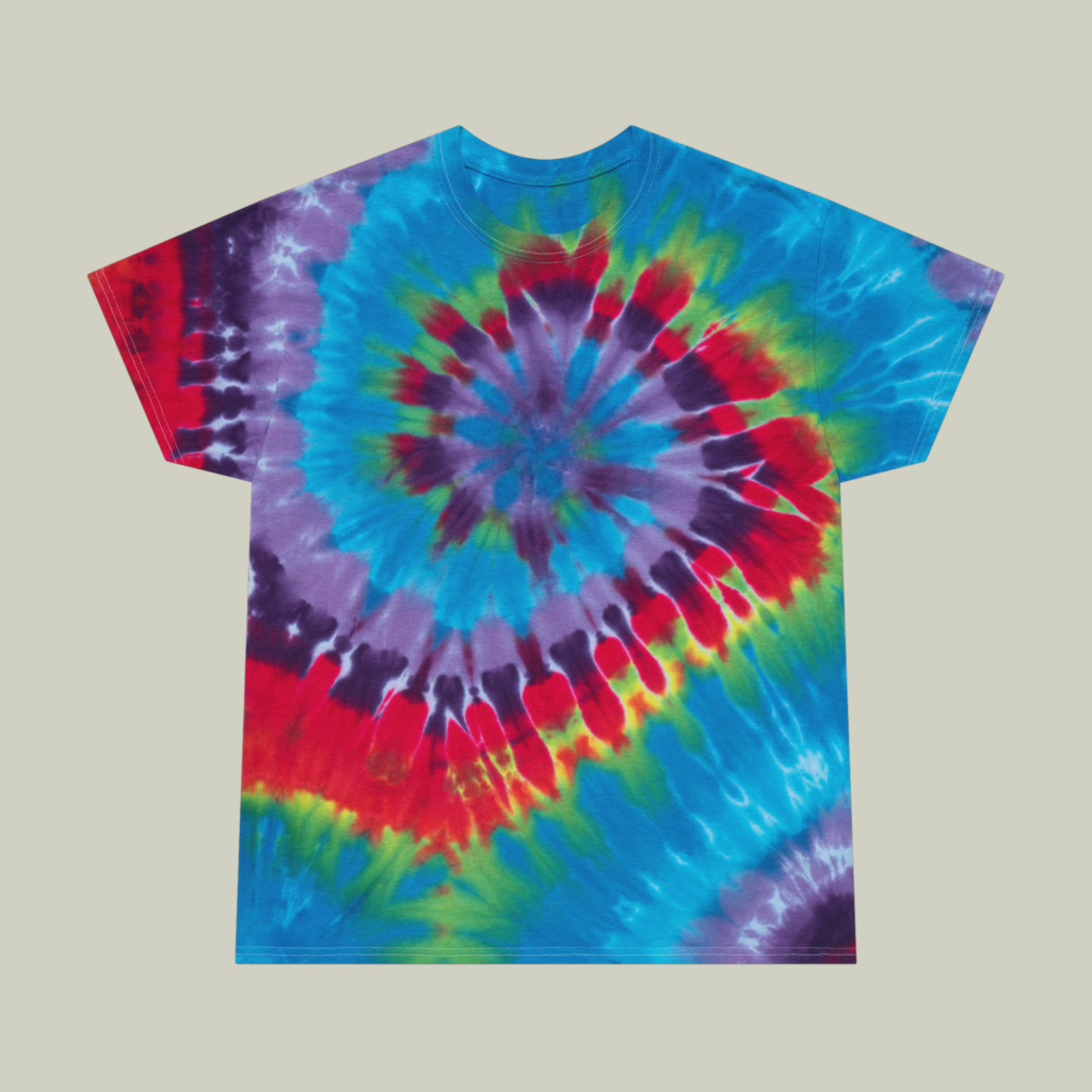 Red, purple, blue, yellow, and green tie-dye t-shirt.