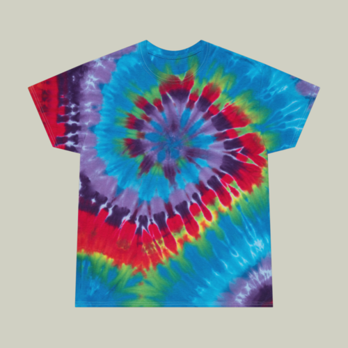 Red, purple, blue, yellow, and green tie-dye t-shirt.
