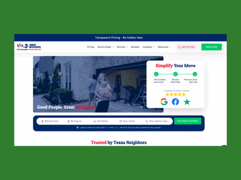 A screenshot of the landing page of the Men movers landing page.