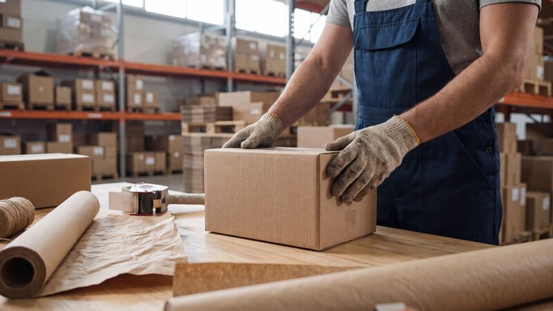 A person packaging a box on a wooden table in a warehouse filled with cardboard boxes.