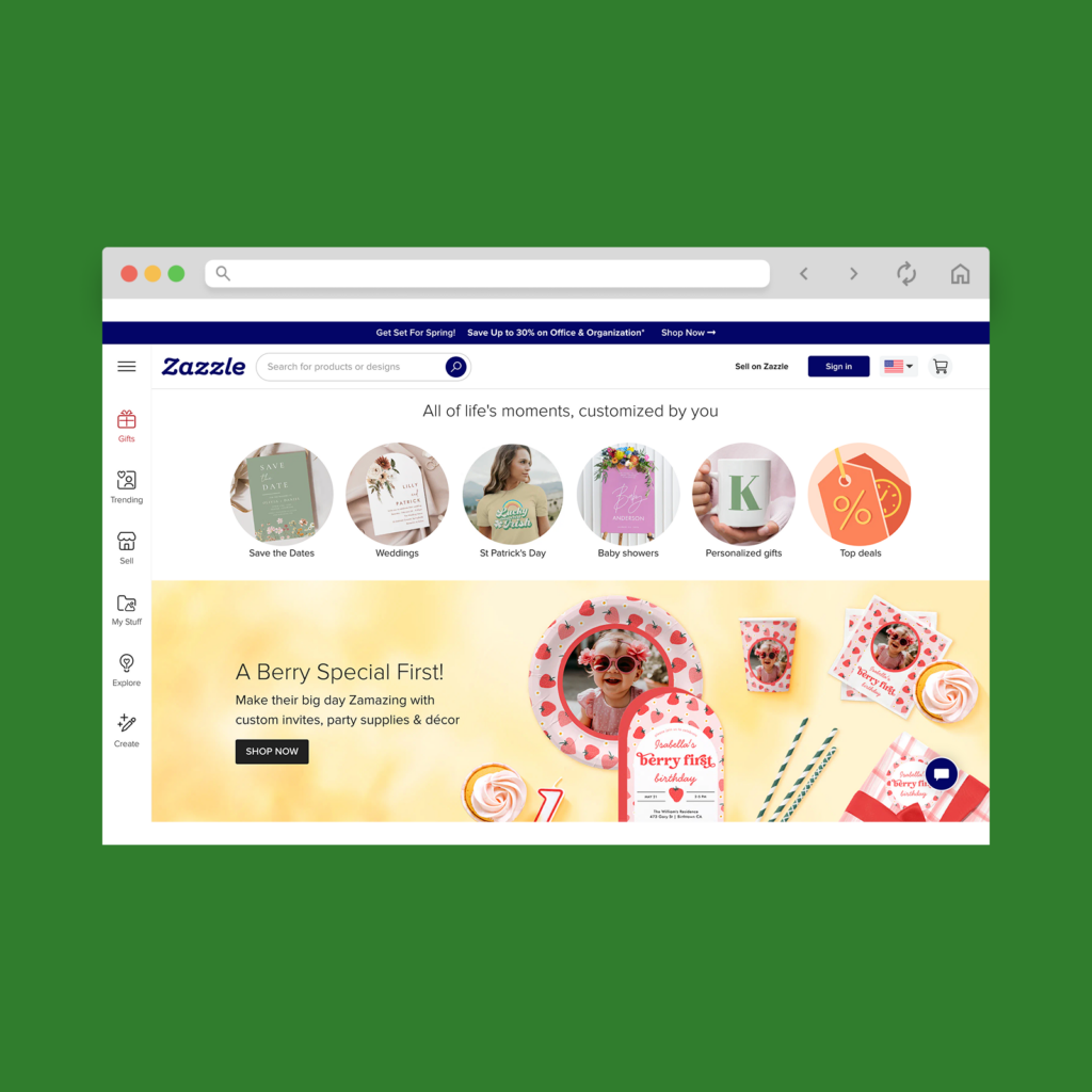 Zazzle homepage hero section screenshot mockup.