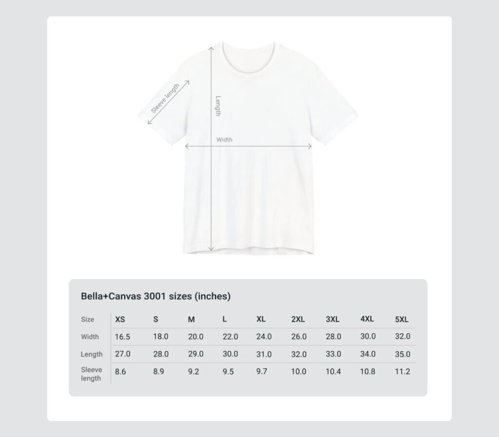 Bella Canvas 3001 size chart.