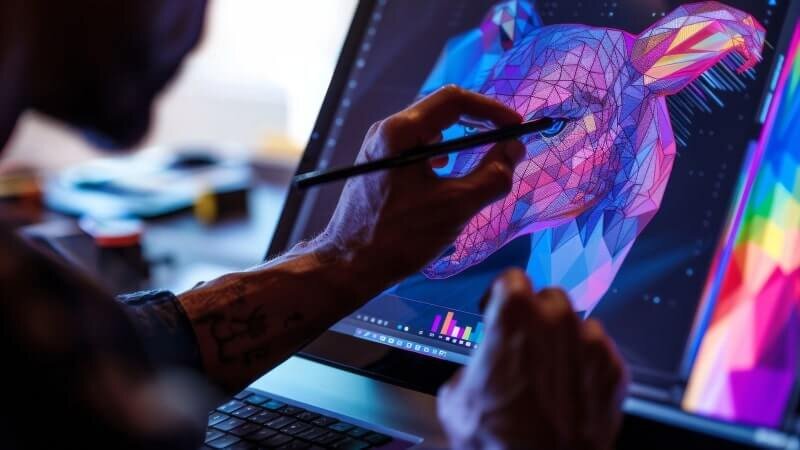 A man working with complex design software.