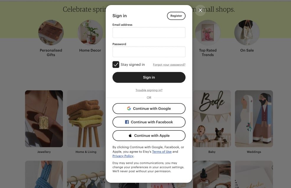 A screenshot of the Etsy "Sign in" page that asks to provide an email and password, register, or sign in using Google, Facebook, or Apple.