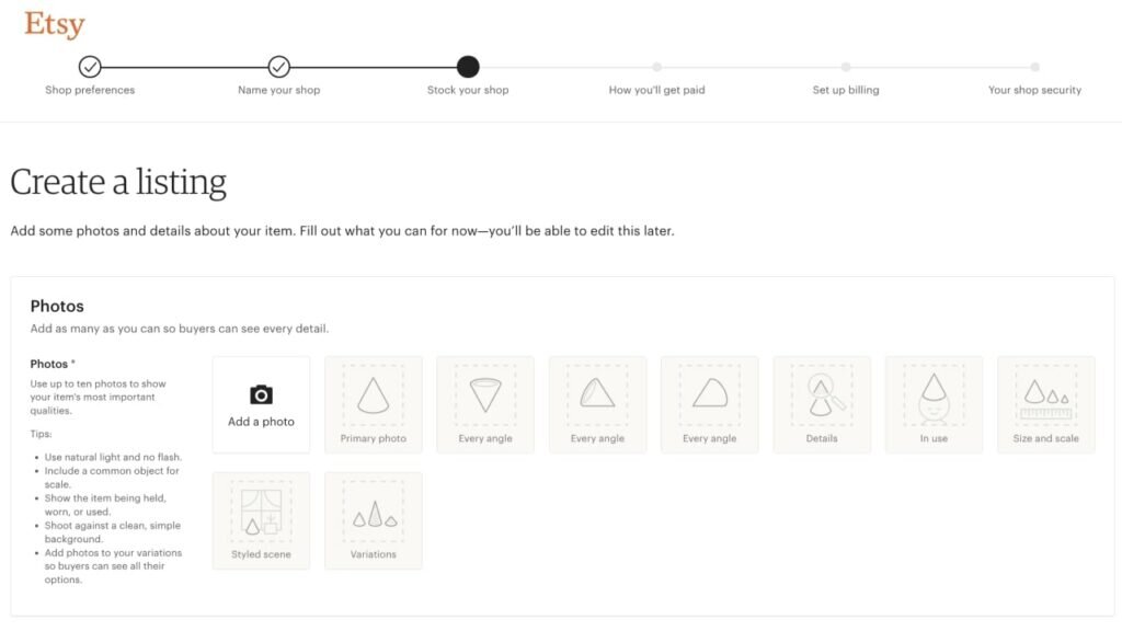 “Create a listing” section of Etsy onboarding.
