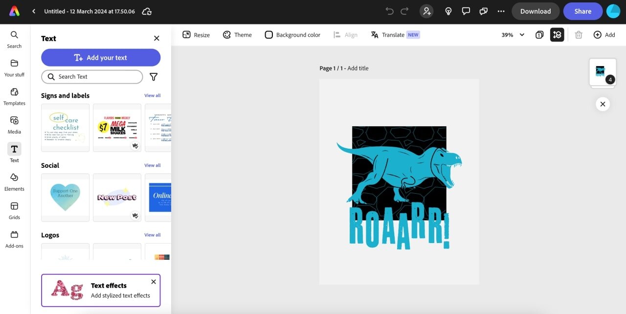 A screenshot of the Adobe Express t-shirt design software.