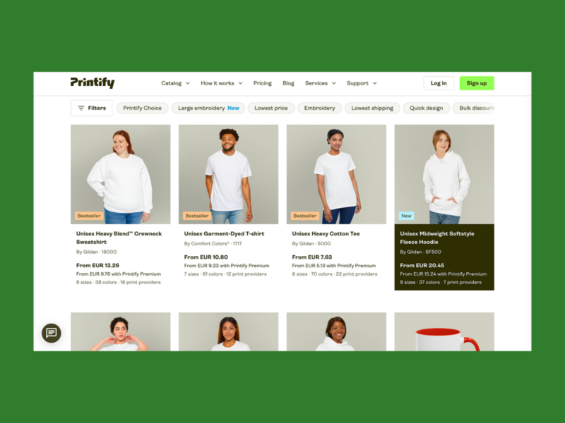 Screenshot mockup showing Printify’s bestseller products.