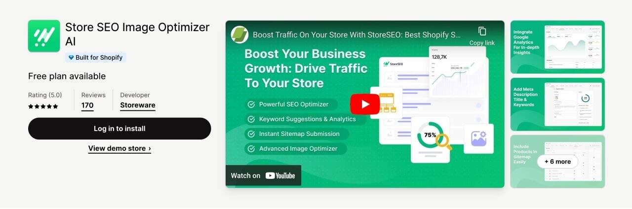 Store SEO Image Optimizer (AI) Shopify SEO app screenshot from the Shopify app store.