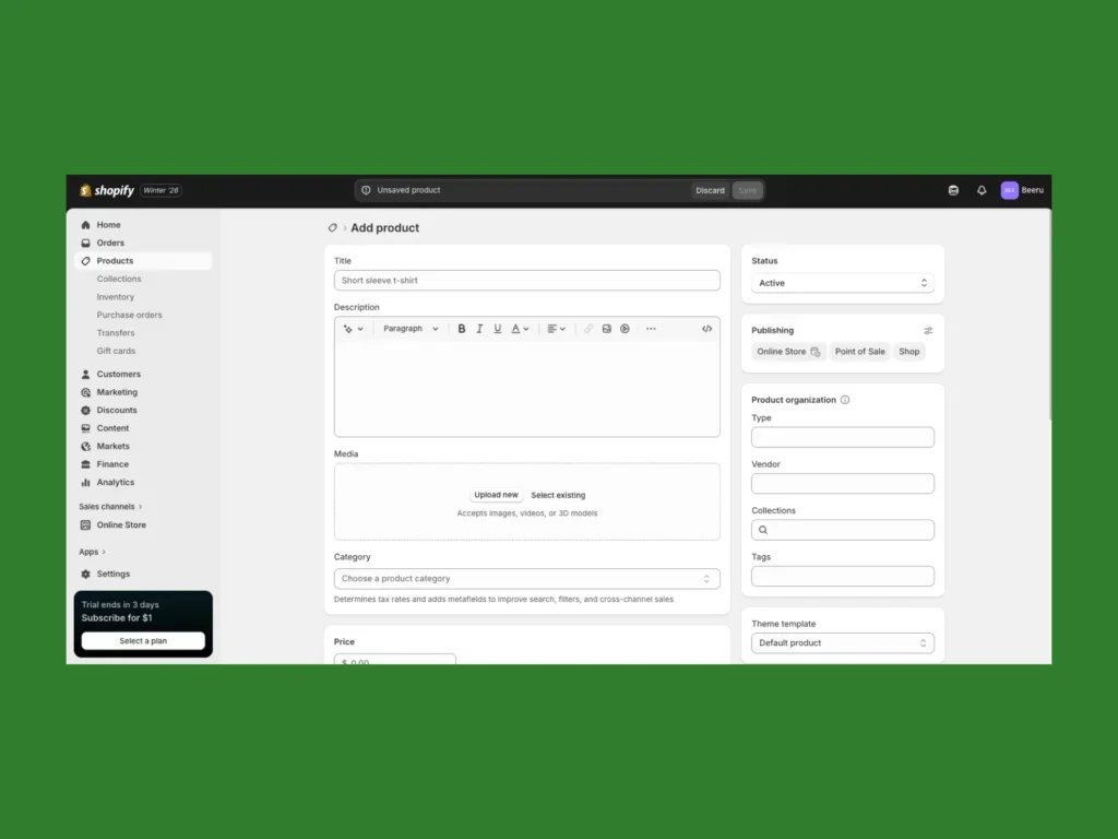Shopify add product page