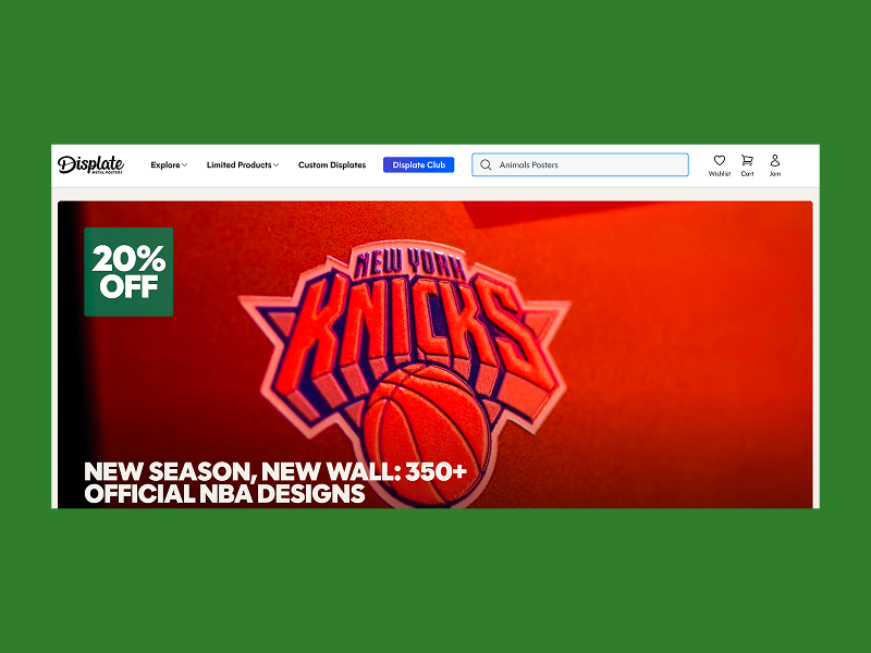 Displate homepage promoting official NBA metal posters.
