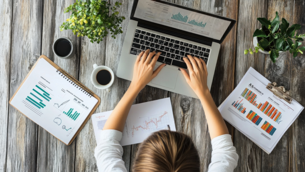 A businesswoman typing on a laptop, with documents and graphs spread out, engaged in her professional tasks.