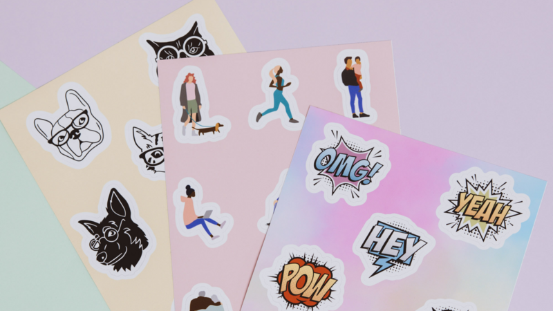 A collection of colorful sticker sheets featuring various illustrations, including animals, people, and expressive text like "OMG!" and "ROAR!".
