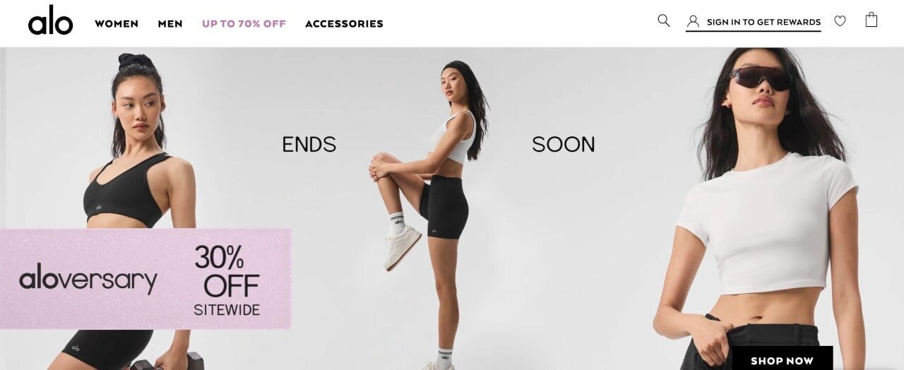 The homepage of the Alo Yoga Shopify store