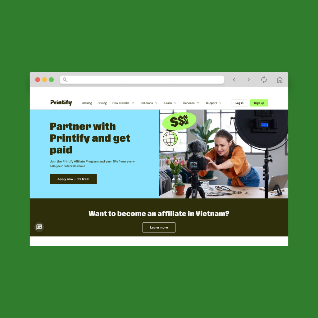 A screenshot mockup of Printify’s Affiliate program landing page hero section.