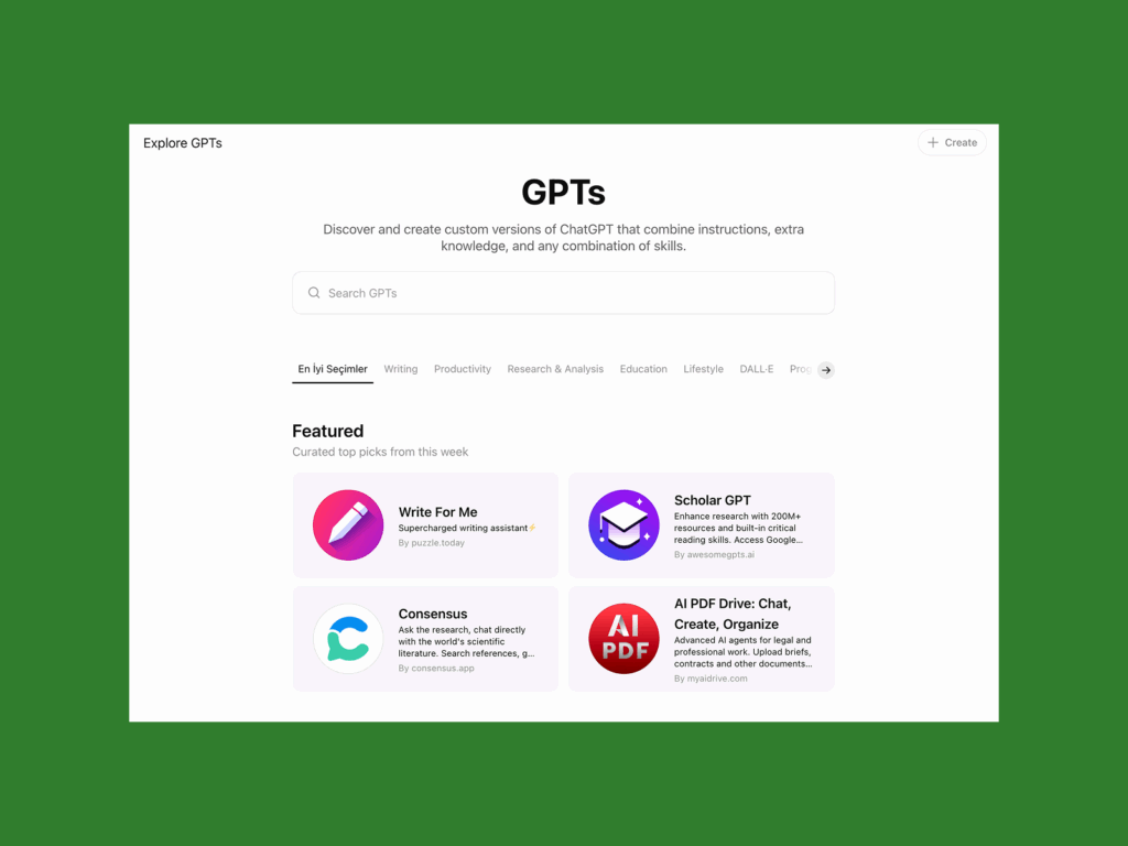 A screenshot mockup with ChatGPT various GPT’s.