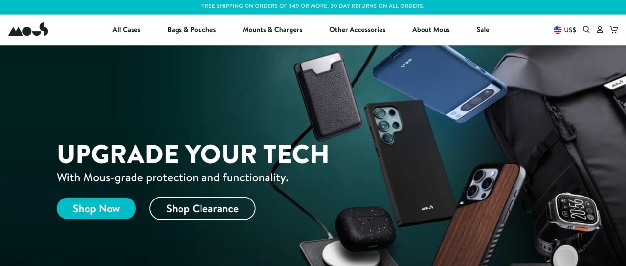 The homepage of the Mous Shopify store
