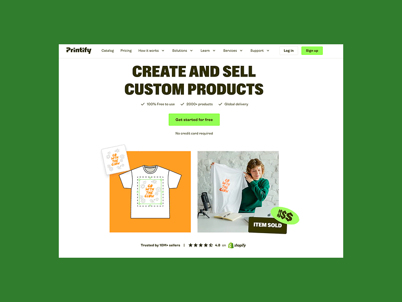Printify homepage promoting custom products with a T-shirt design.