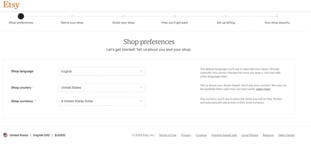 A screenshot of Etsy's shop preferences, asking to select a shop language, country, and currency.