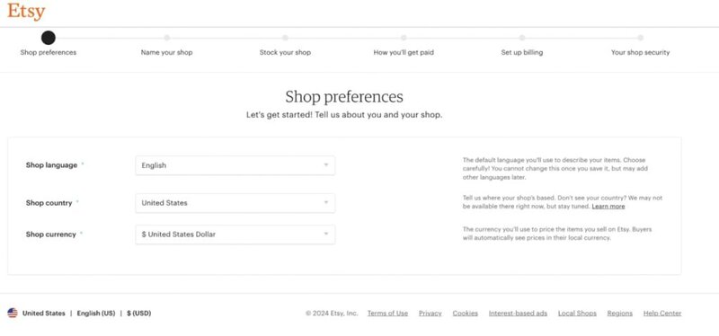 A screenshot of Etsy's shop preferences, asking to select a shop language, country, and currency.