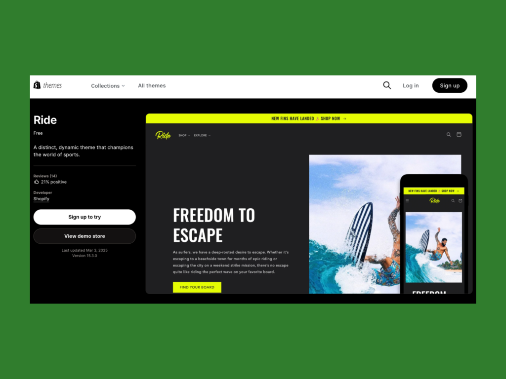A screenshot of the Ride theme landing page.