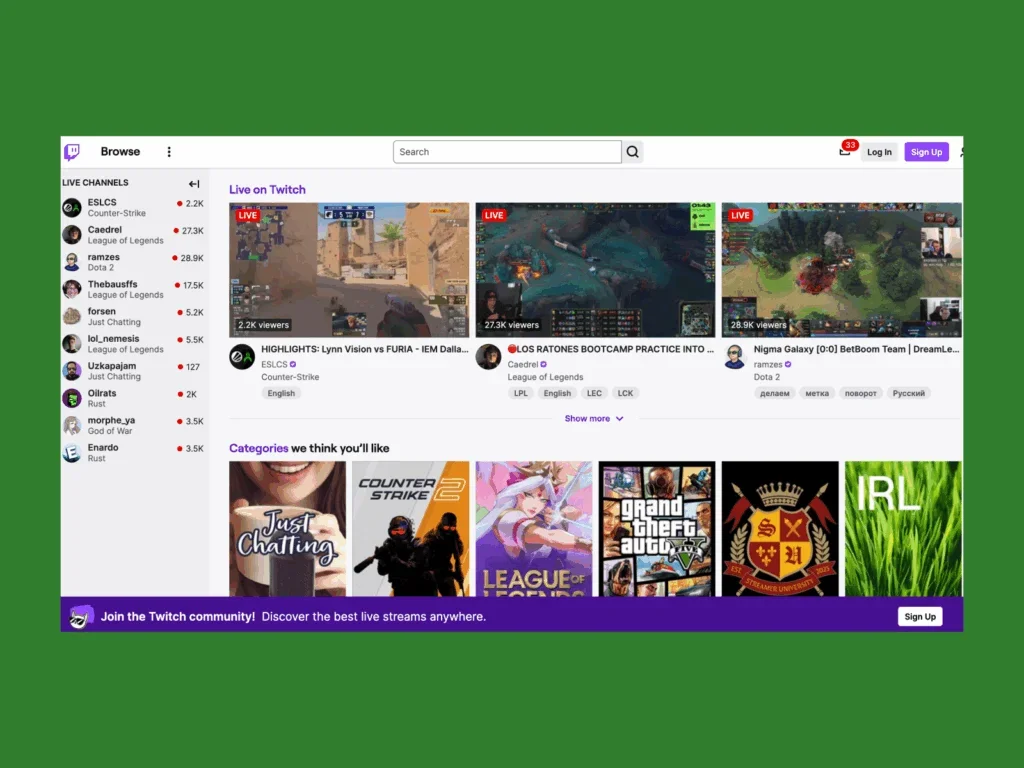A screenshot of the Twitch landing page.